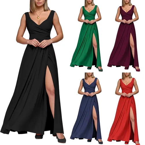 Imagen 1 del producto Vestido formal de color sólido de verano 2025 para mujer: vestido de noche sin mangas con acento en la cintura, elegante vestido de dama de honor hasta el suelo