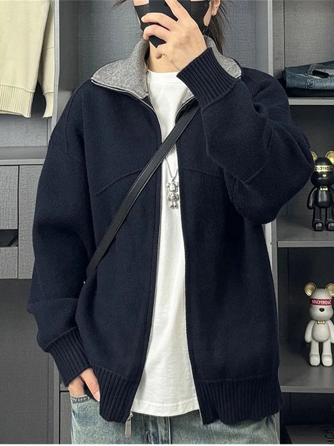 

Zippered Knitwear Casual Collared Men's Sweater Couple Outerwear Soft Polyester Fiber Barn Sle Contrast Color Loose Fit Lon...