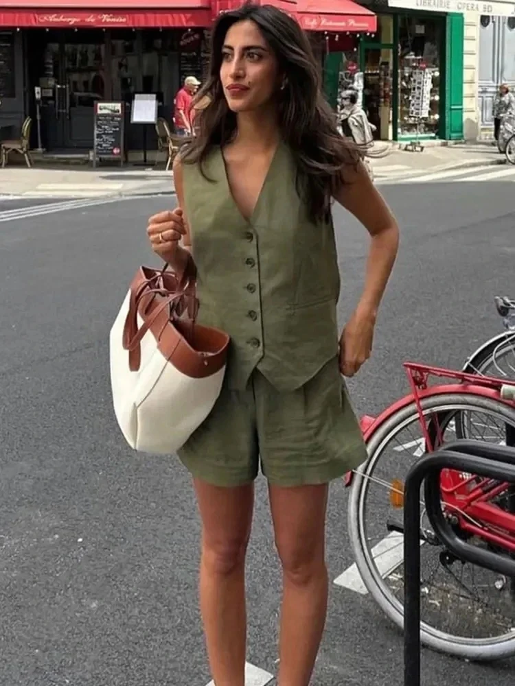 TRAFZA Women Shorts Set Elegant Solid V-neck Single Breasted Sleeveless Vest Top Slim Waistcoat Summer Office Lady Casual Shorts