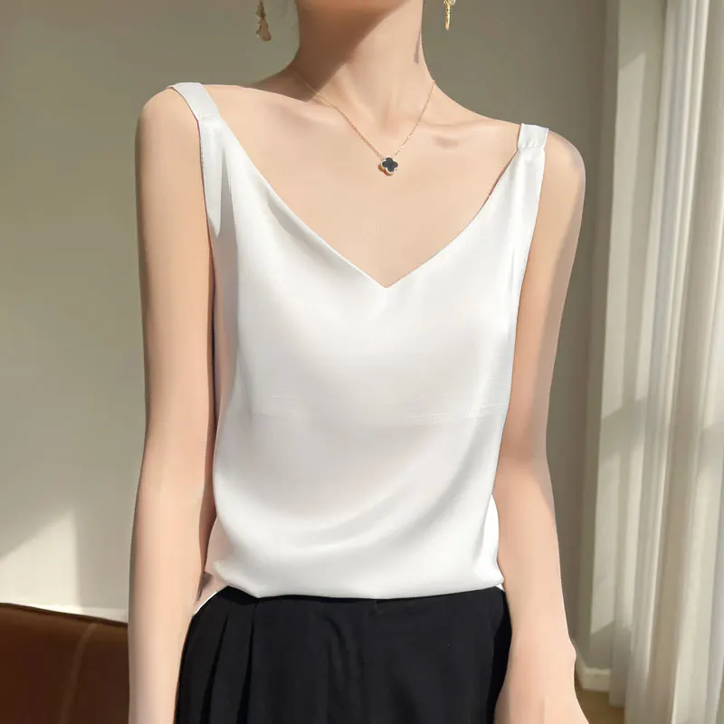 Summer Strap Top Women Halter V Neck Basic White Cami Sleeveless Satin Silk Tank Tops Women\'S Summer Camisole Slim Vest