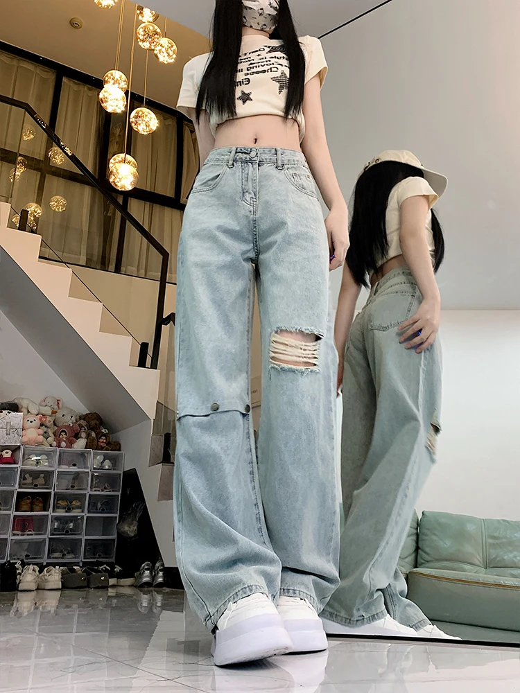 Light Wa High Waist Wide Leg Denim Jeans Women's Summer Loose plus Size High Street Torn Straight Leg Pants