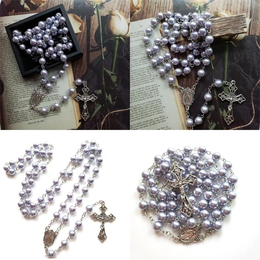 

G6KF Glass Pearl Rosary Necklace Holy Catholic Church Home Bedroom Decoration