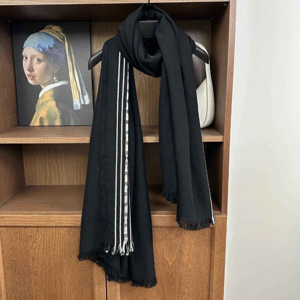 شال وشاح جاكار مخطط من الصوف الخالص بنسبة 100% بتصميم بسيط