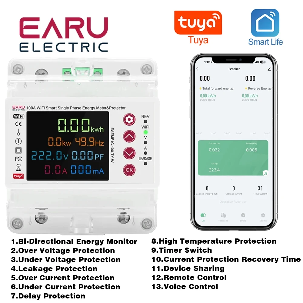 2P Tuya WiFi Smart Bi-Directional Energy Power kWh Meter Leakage Over Under Voltage Protector Relay Switch Current Limit 100A