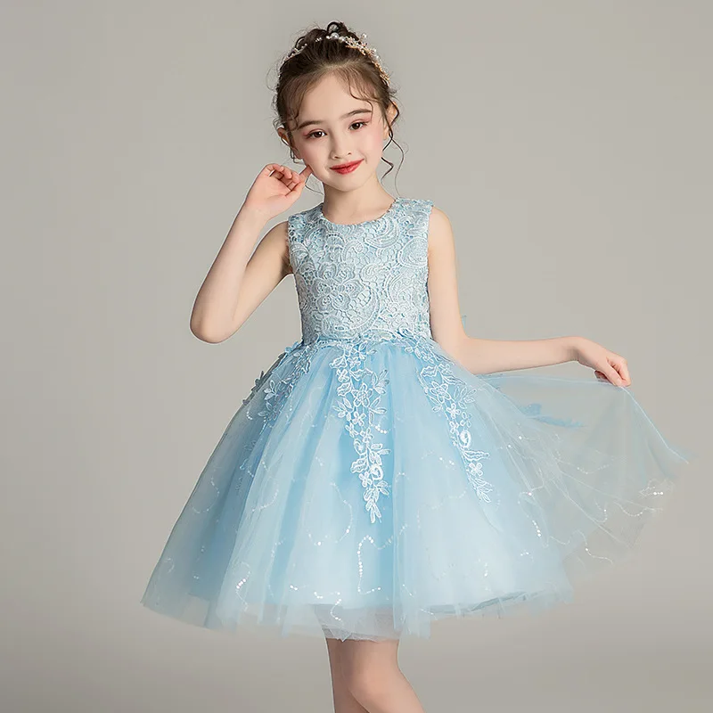 

Elegant Party Dress For Girls Sleeveless Embroidery Sequins Lace Princess Dress For Kids Wedding Birthday Formal Pageant Gown