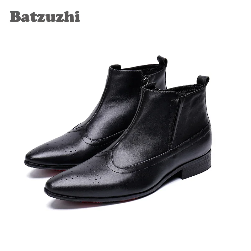 

Batzuzhi Luxury Autumn Men Boots Pointed Toe Black Soft Genuine Leather Boots Men Ankle Short Business botas hombre, Big Sizes