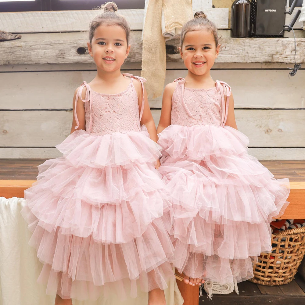 New Summer Dress for Girls Kid Sling Beach Layer Tulle Dress Princess Birthday Party Gown 3-10Y Children Clothes Elegant Dresses