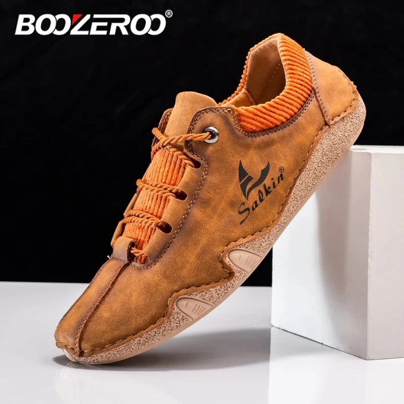 

BOOZEROO Classic Handmade Leather Casual Men's Shoes Lace Up Outdoor Sneakers Soft Flats