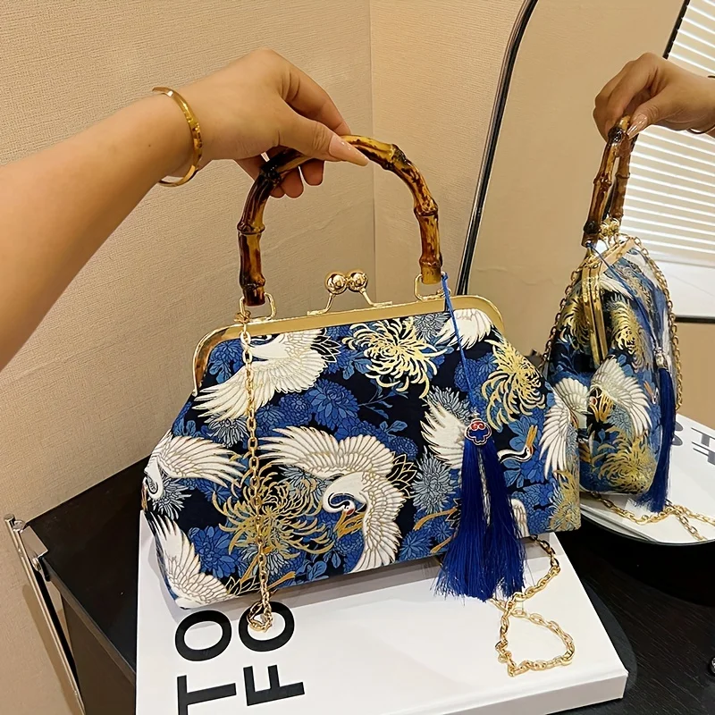 

Chinese Embroidery Tassel Handbag - Timeless Retro Charm with Intricate Cheongsam Design - Adjustable Crossbody Chain for Women