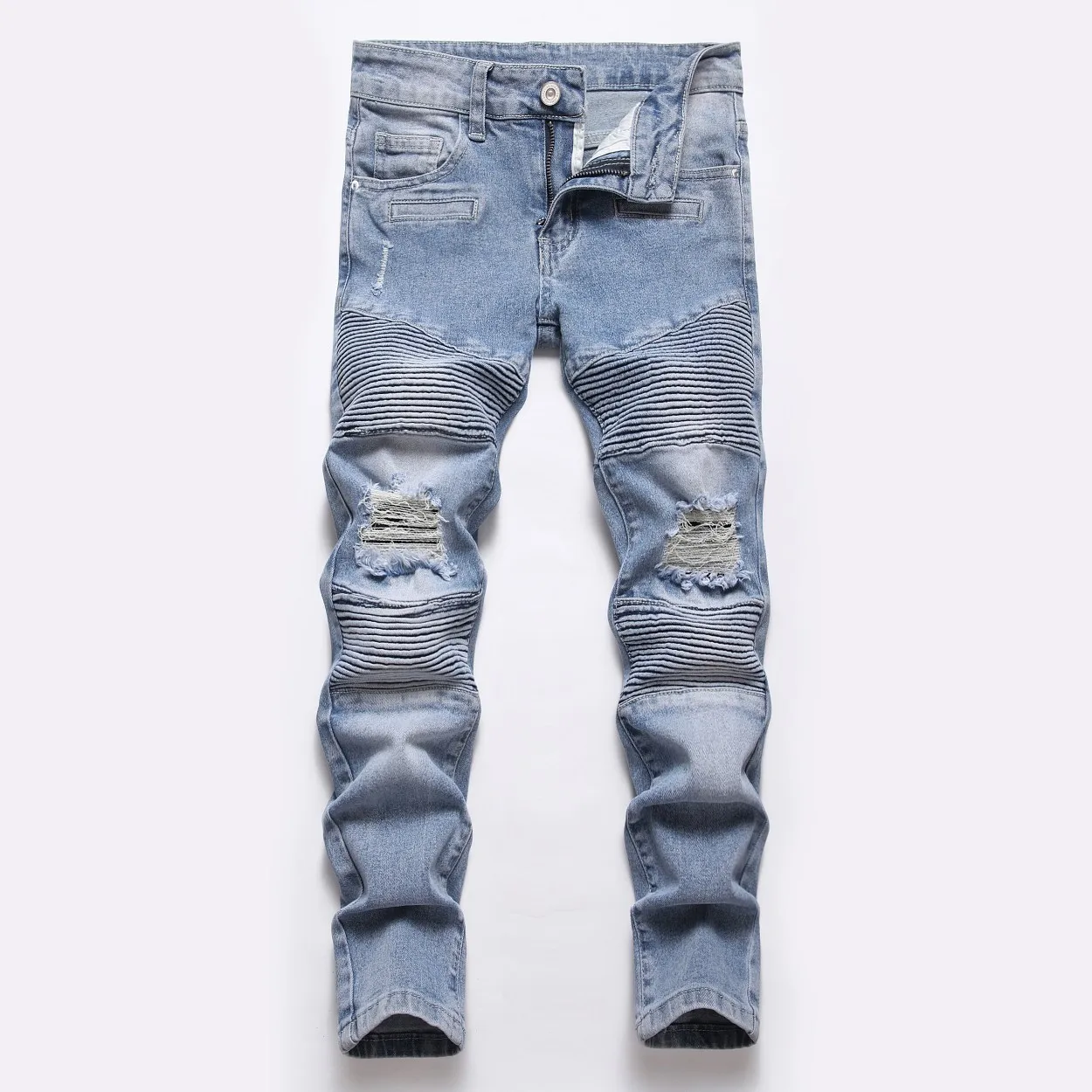 Boy Spring And Autumn Mid-blue Spot Mid-waist Jeans Kids Straight Hole Washed Locomotive Denim Pants