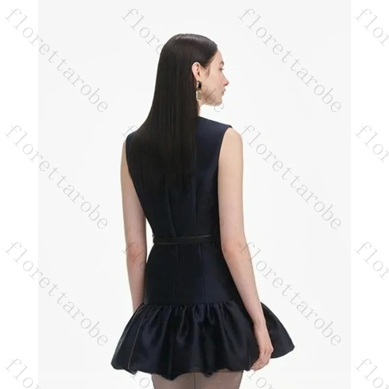 Customized Round Neck Sleeveless Mini Cocktail Dress Decorative Silver Buttons Belted Waist Ruffle Hem Satin Flared Party Gown