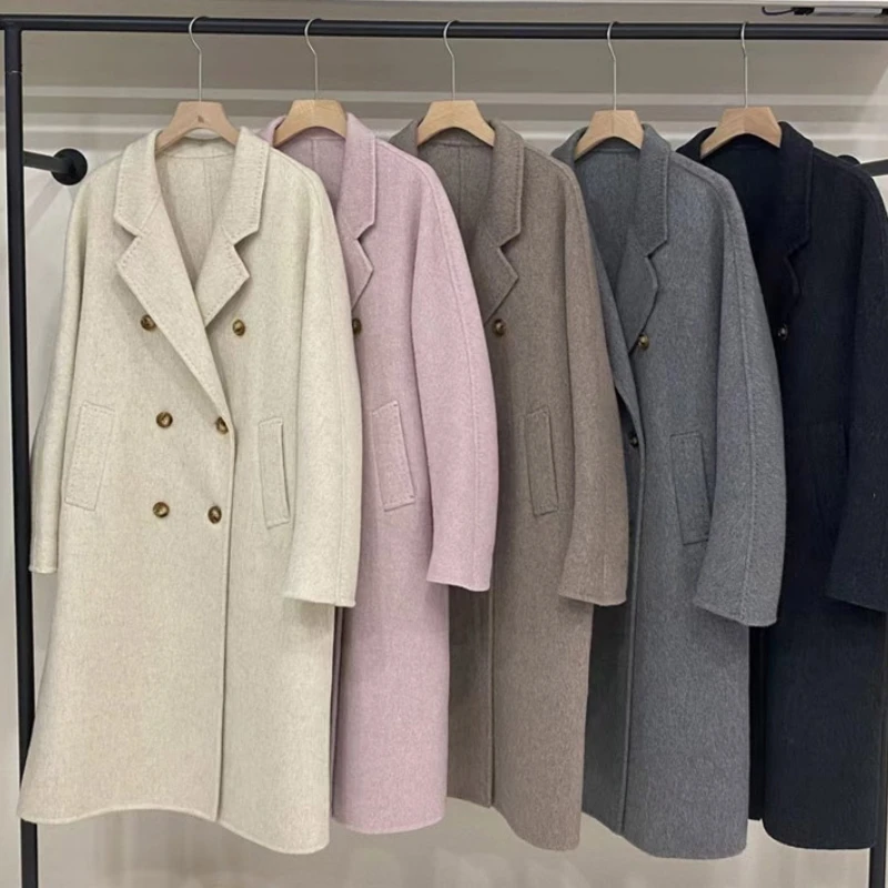 

2023 New Double-breasted Mulberry Silk Wool Coat Women Autumn Winter Loose Turn-down Collar Double-sided Wool Jacket Female Oute