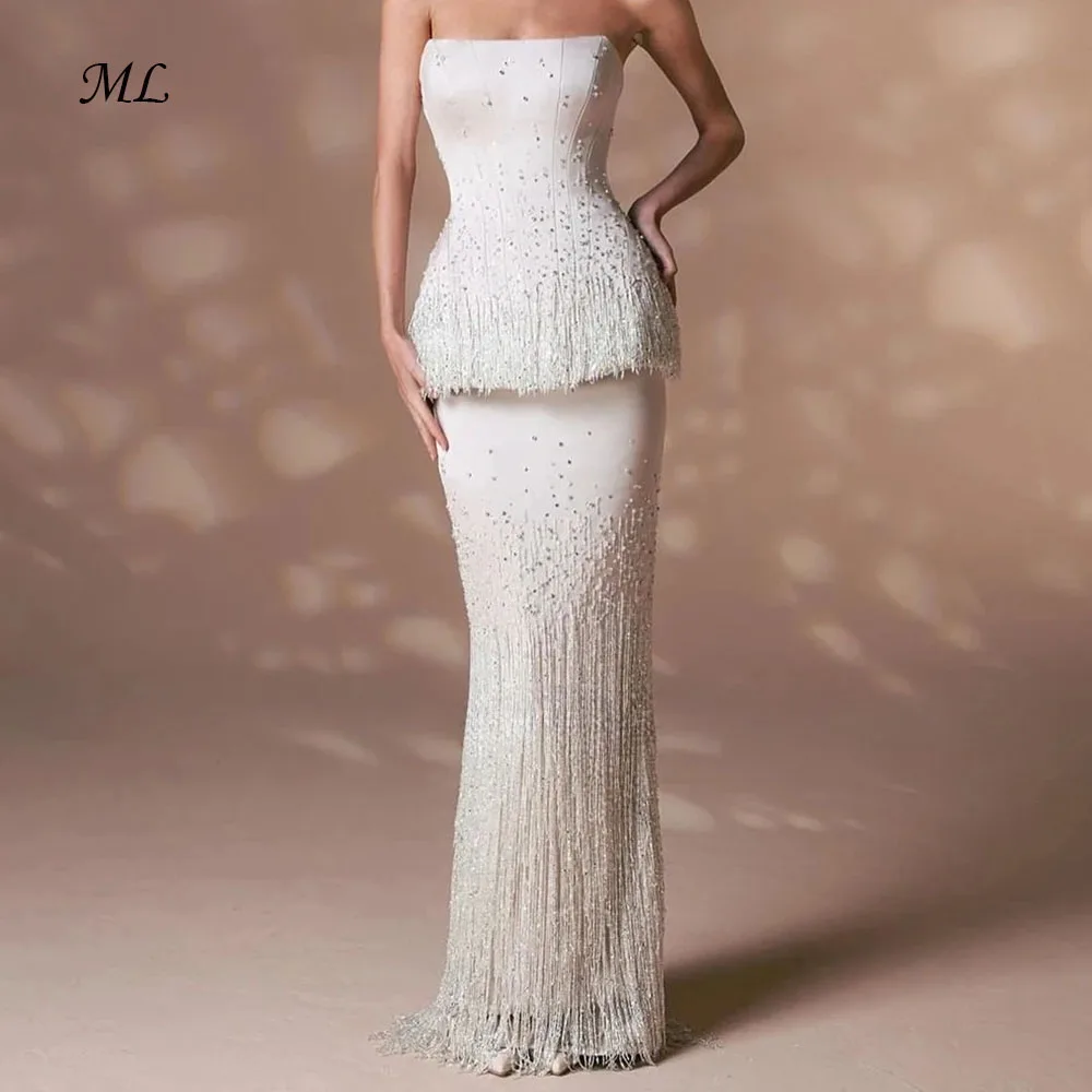 

ML Luxury Tassel Evening Dress Strapless Beaded Tiered Ivory Satin Floor Length Formal Occasion Women Prom Gown Customized New