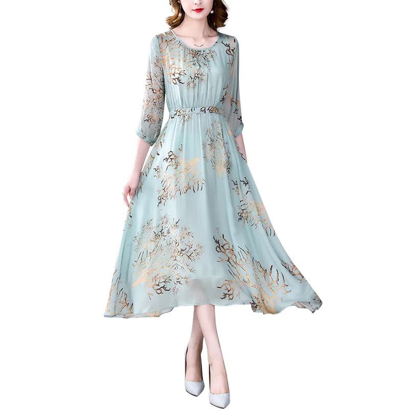 Summer Blue Floral Natural Silk Vacation Midi Dress Women Vintage Fashion Beach Prom Dress Korean Elegant Evening Vestidos
