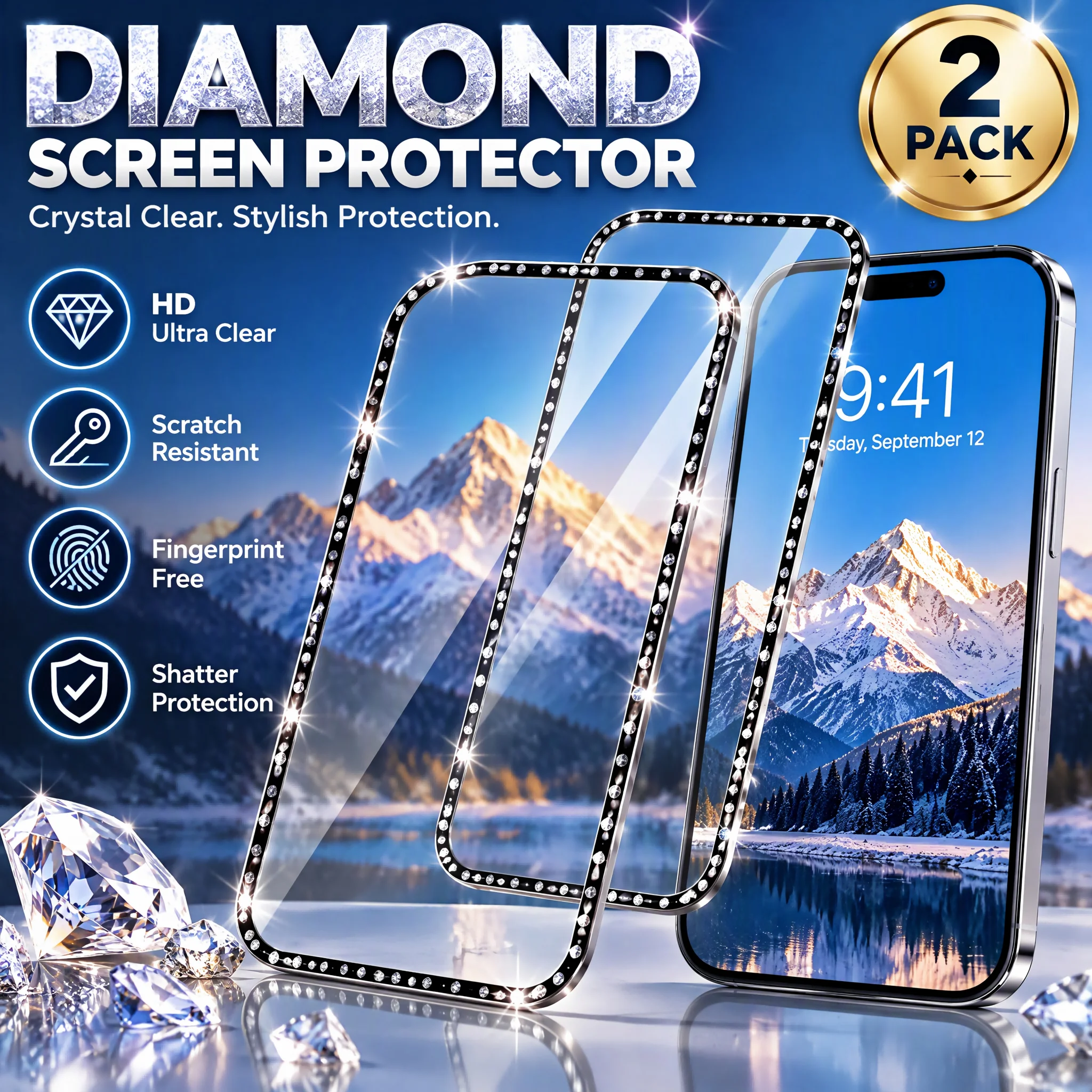 2 Pack Diamond Glitter Tempered Glass Screen Protector for iPhone [IPhone13/14/15/16], HD Ultra Clear, Scratch Resistant, Fingerprint Free, Shatter Protection, Bling Rhinestone Border Full Cover Screen Film