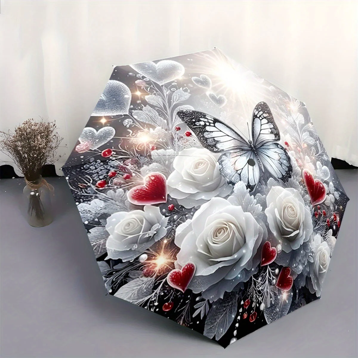 

Elegant Automatic Folding Umbrella with White Roses, Butterfly & Red/Heart Design - Portable Collapsible, 8-Rib Durable Frame,