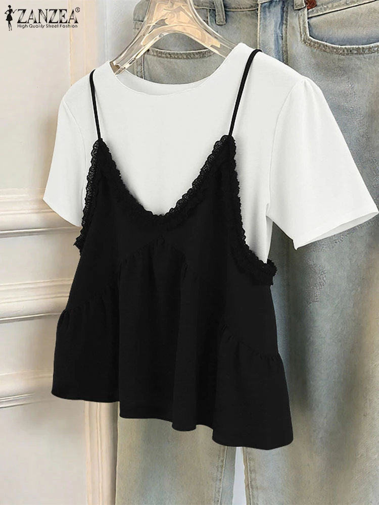 Fashion Blouse Women Fake 2-piece Casual Loose Tops Short Sleeve Patchwork Tunic O-Neck Summer Pullover Oversized ZANZEA 2025