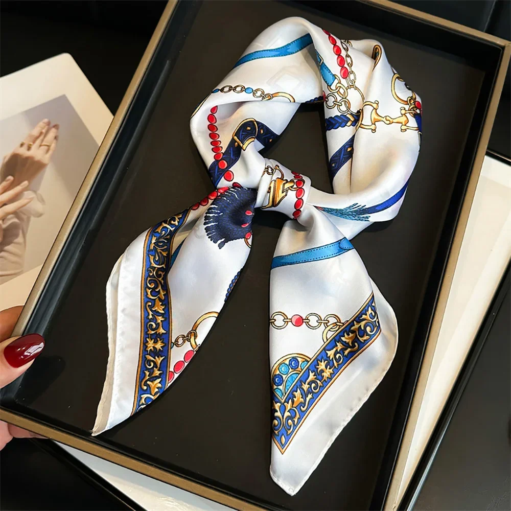 Foulard carré en soie imprimé chaîne pour femmes, Design de luxe, foulard à col fin, mode été, protection solaire, Bandana 70x70cm