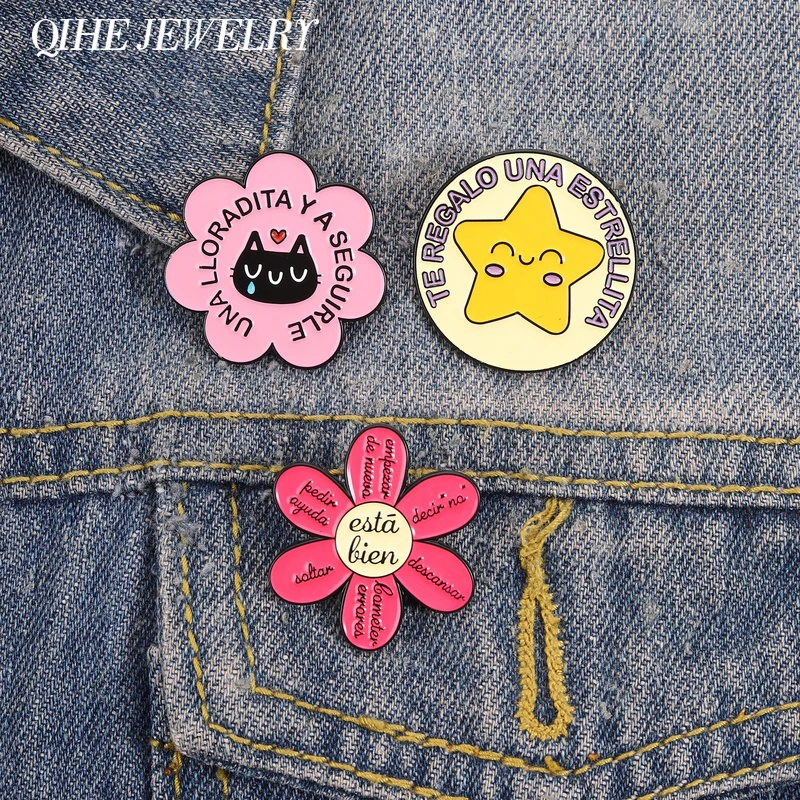 Spanish Motivational Quotes Flower Enamel Pin Flower Está Bien Pin Una Lloradita Y A Seguirle Brooch Lapel Badge Jewelry Gifts