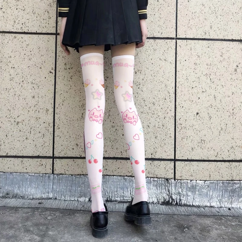 Women  Cartoon Thigh High Stockings Japanese Anime Cute Pig for CAT Bear Animal Printed Cosplay Over Knee Long Soc