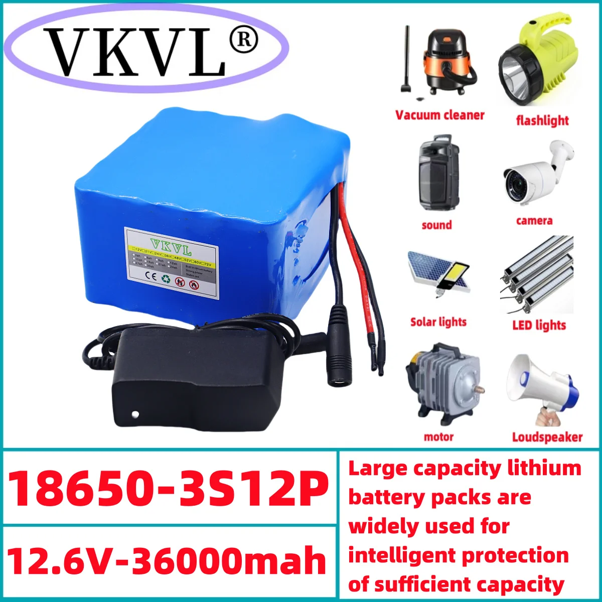 

12V36Ah rechargeable lithium-ion battery, LED lights, backup camera, sound system 3S12P12V36000mah mobile power supply+charger