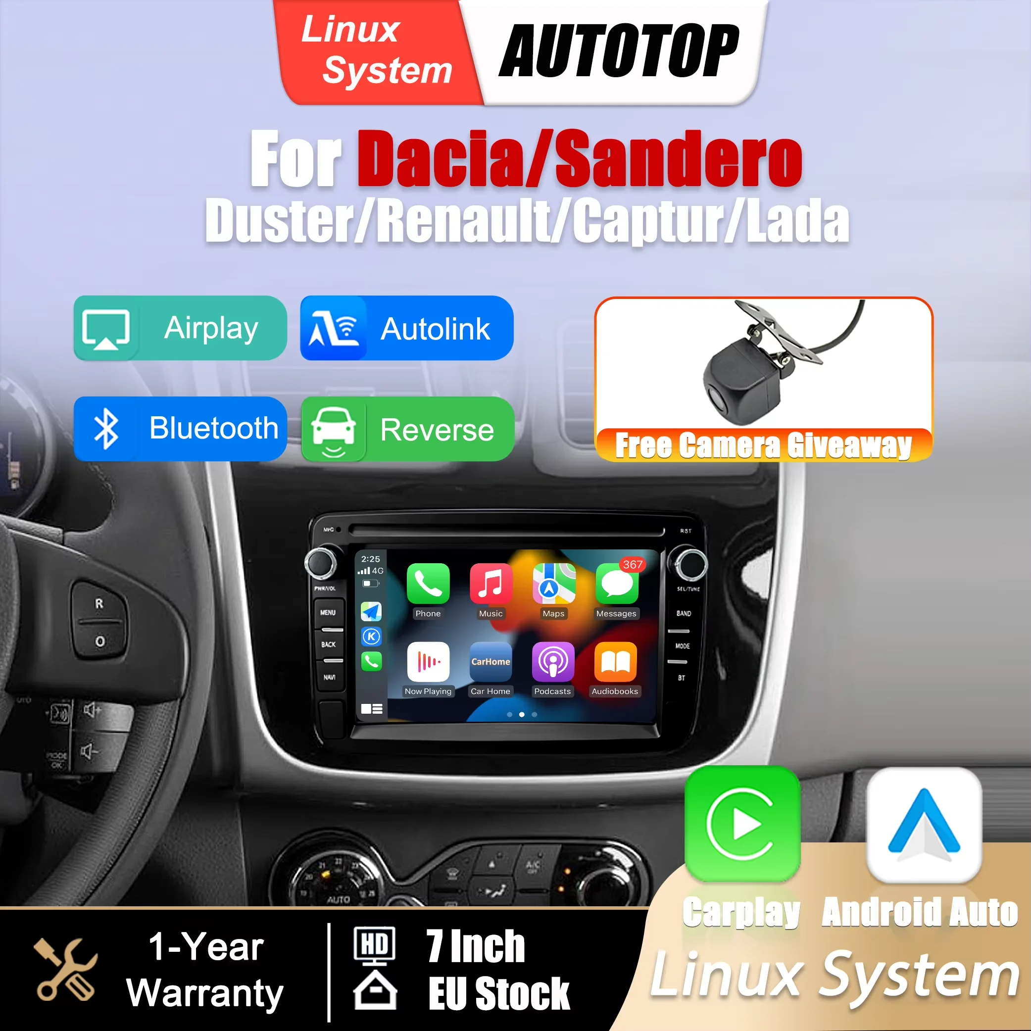 Schermo multimediale Linux da 7 pollici con CarPlay wireless e Android Auto per Renault Dacia Duster Sandero Captur Xray Logan 2 Symbol Dokker Lodgy GPS Navi Bluetooth Telecamera posteriore DSP SWC