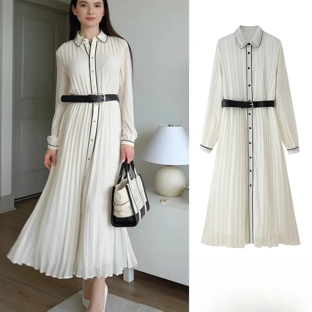 KONDALA-vestido camisero plisado elegante para mujer con cinturón vestido Midi nuevo 2025 primavera otoño moda fiesta fecha vestido largo para ir al trabajo