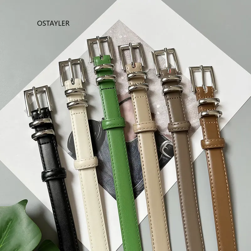 

Simple Design Metal Buckle PIn Adjustable Slim Belts for Women Real Leather Green Casual Jeans Belts Waistband Cowskin Ceinture