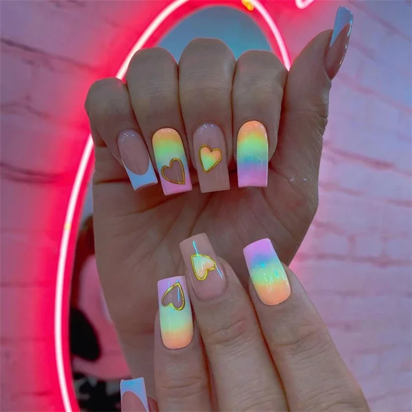 

24Pcs/Set Love Rainbow French Wearing False Nails Tips Removable Medium Long Square Fake Nails Full Coverage Press on Nail Art