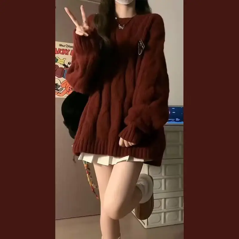 

Winter Christmas Red Sweater Women Forest Style Youthful Soft Knit Cute Kawaii Tops New Year Pullover Thicken Keep Warm Knitwear