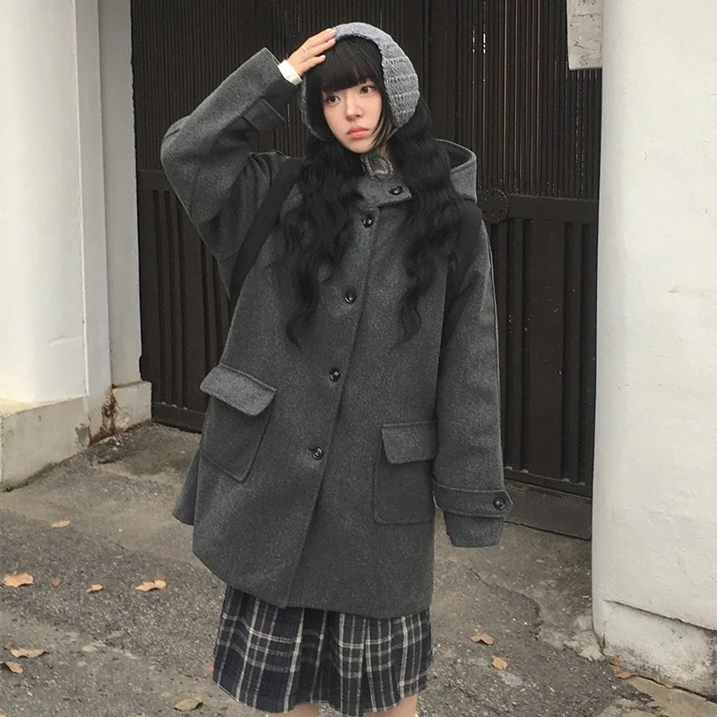 

Chic Winter Aosphere Retro College Sle Hooded Single Button Cotton Woolen Coat Women's New Model Sweet Sle Long Sve