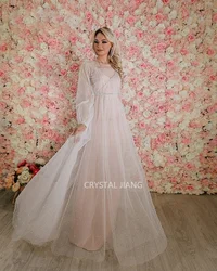 White O Neck Tulle Full Sleeves Beaded European Wedding Dresses свадебное платье A Line Court Train Bridal Gowns For Women