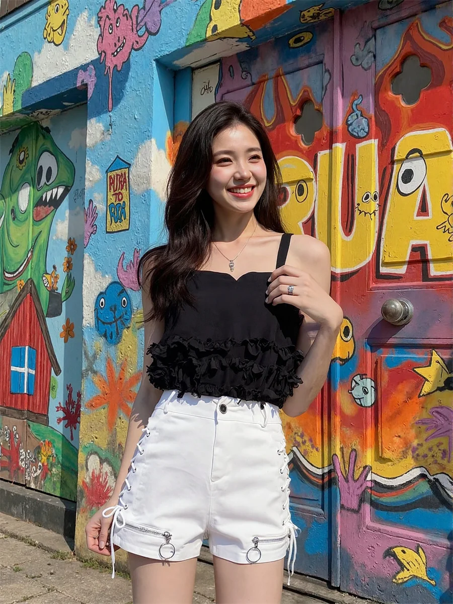 Pantaloncini Donna Vita alta Gonna corta Increspato Estetica Kawaii Cottagecore A-Line Girlish Fairycore Dolce Estate Preppy Chic Trend