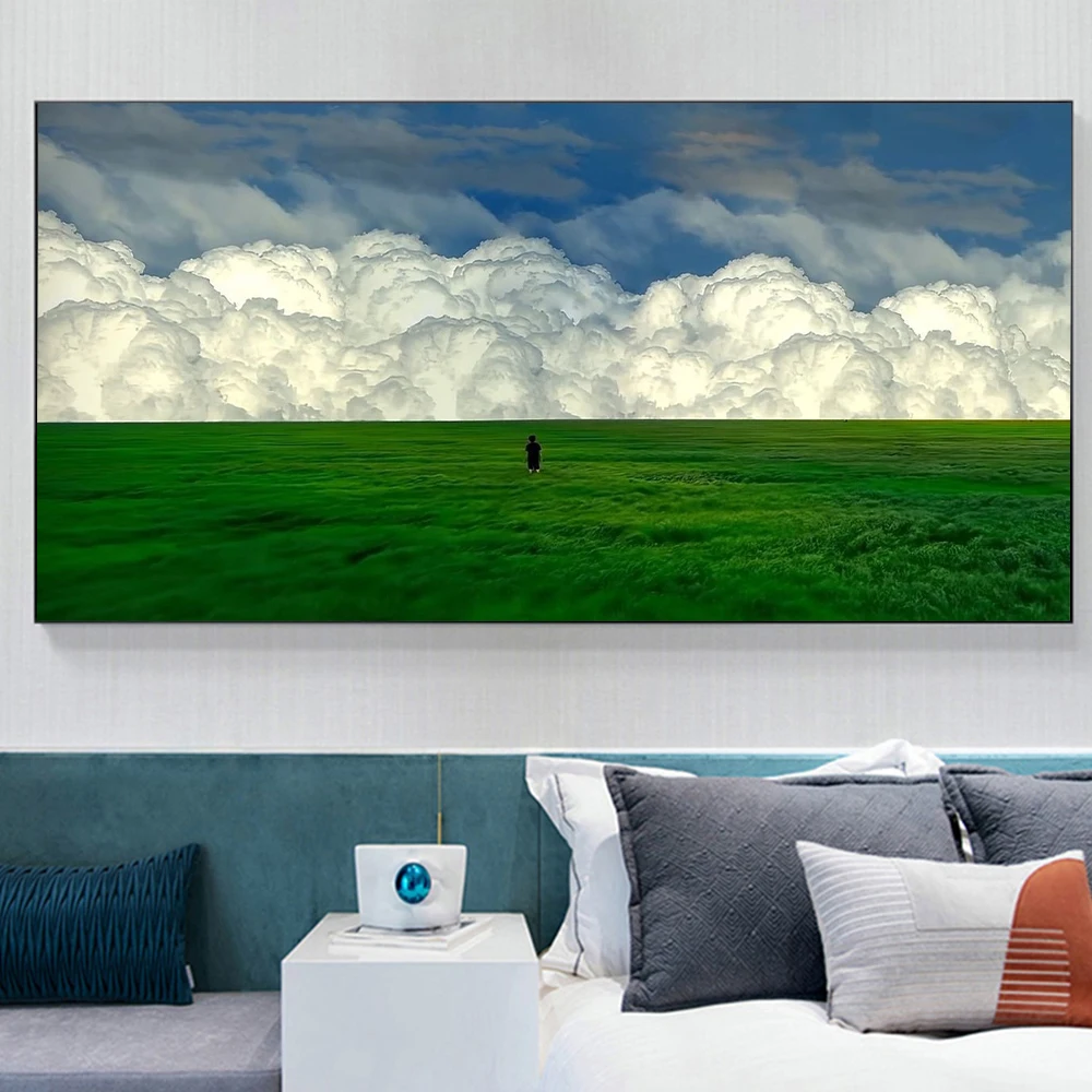 المناظر الطبيعية قماش جدار الفن بحيرة الغابات الجبلية مشهد اللوحة السماء الزرقاء الغيوم البيضاء والمراعي المشارك طباعة ديكور المنزل