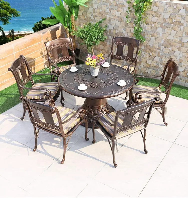 

*q"Modern Luxury 4-Person Aluminum Patio Table and Chair Set Traditional Round Garden for Dining for Outdoor Courtyard "