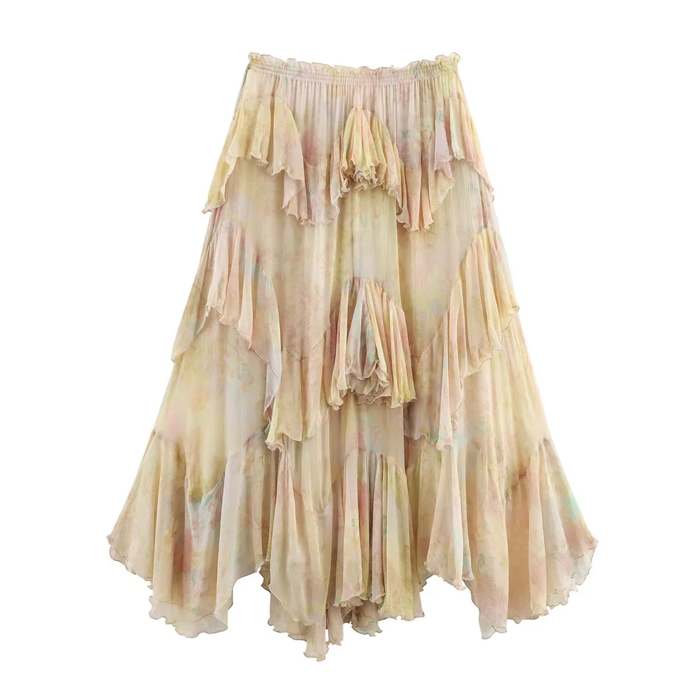 

BMURHMZA women's casual mid waist asymmetrical hem printed long skirt summer new layered decoration versatile half skirt
