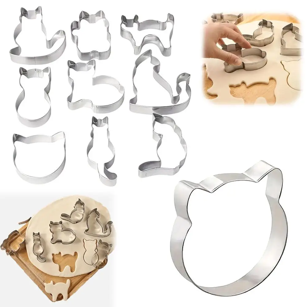 9Pcs Cat Cookie Cutters Set Assorted Cat Shape Stainless Steel Metal Cookie Cutter Kitten Face Butt Cats Paw Cookie Cutters Mold