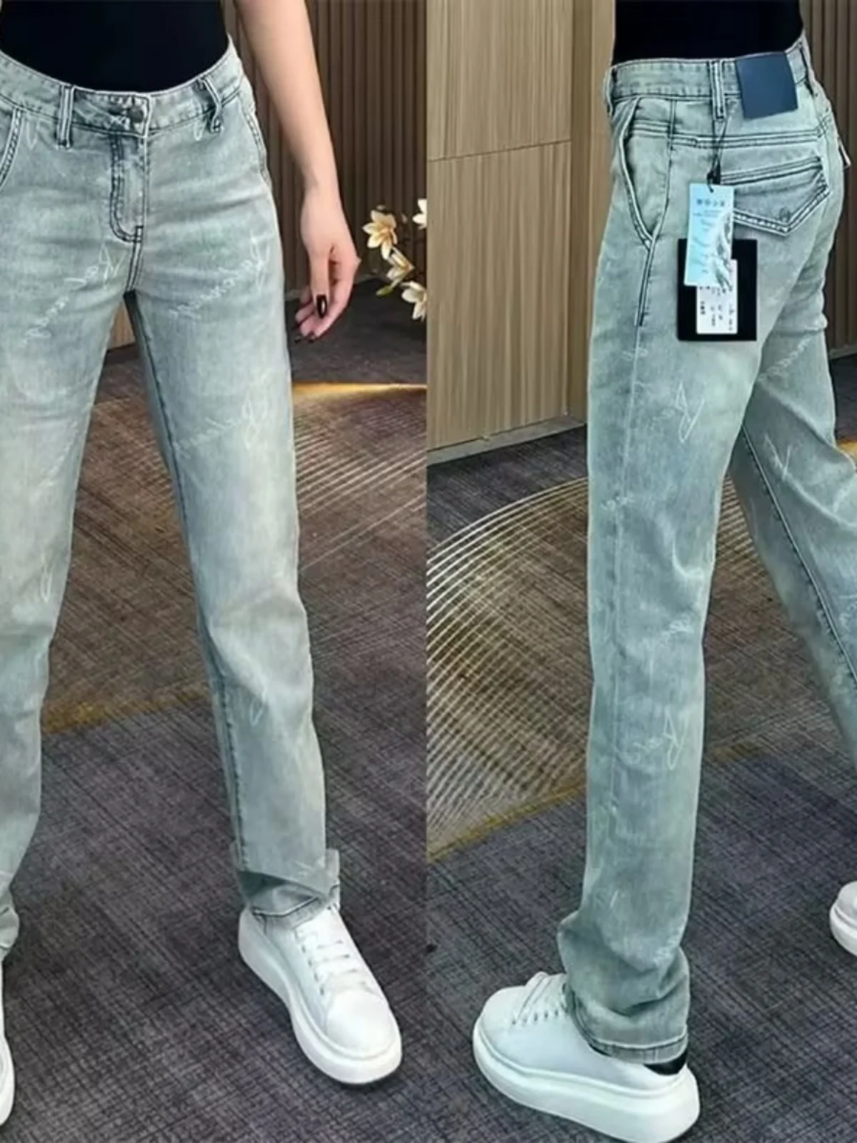 High Quality European Style Men's Jeans Casual Print Straight Leg Spring Autumn Fashionable All-Match Slim Fit Blue Denim