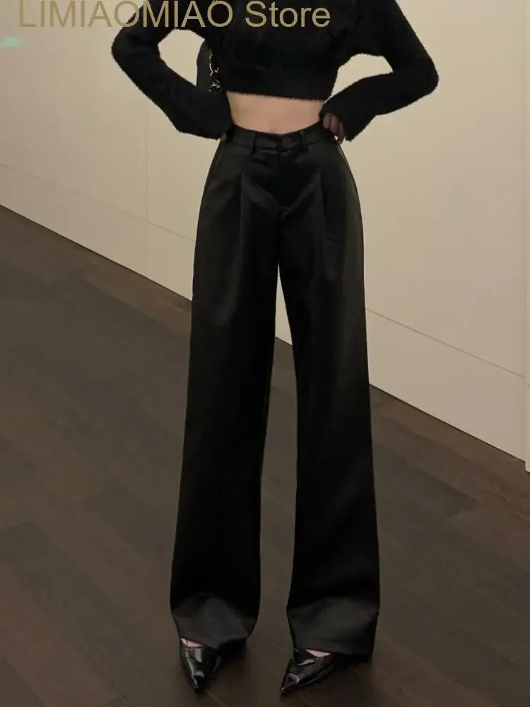 Nuevos pantalones de cuero negro para mujer, pantalones holgados informales elegantes de cintura alta, moda coreana para mujer, pantalones rectos de pierna ancha para invierno