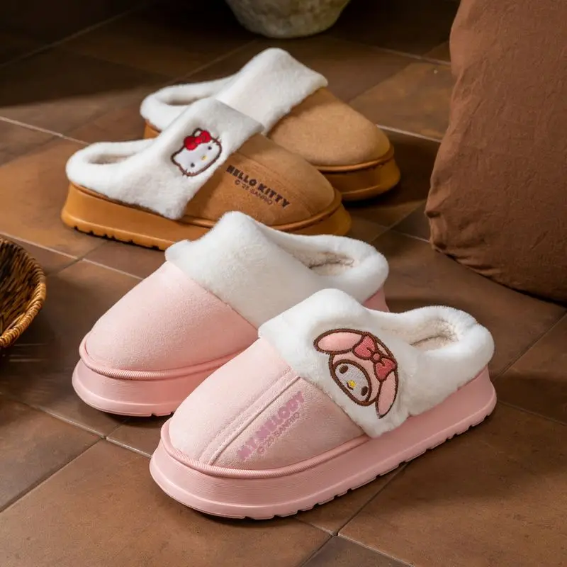 

Cute Sanrio Character Winter Plush Slippers My Melody Suede Upper Thick Sole Slip On Slides Soft Furry Lining Indoor Casual Shoe