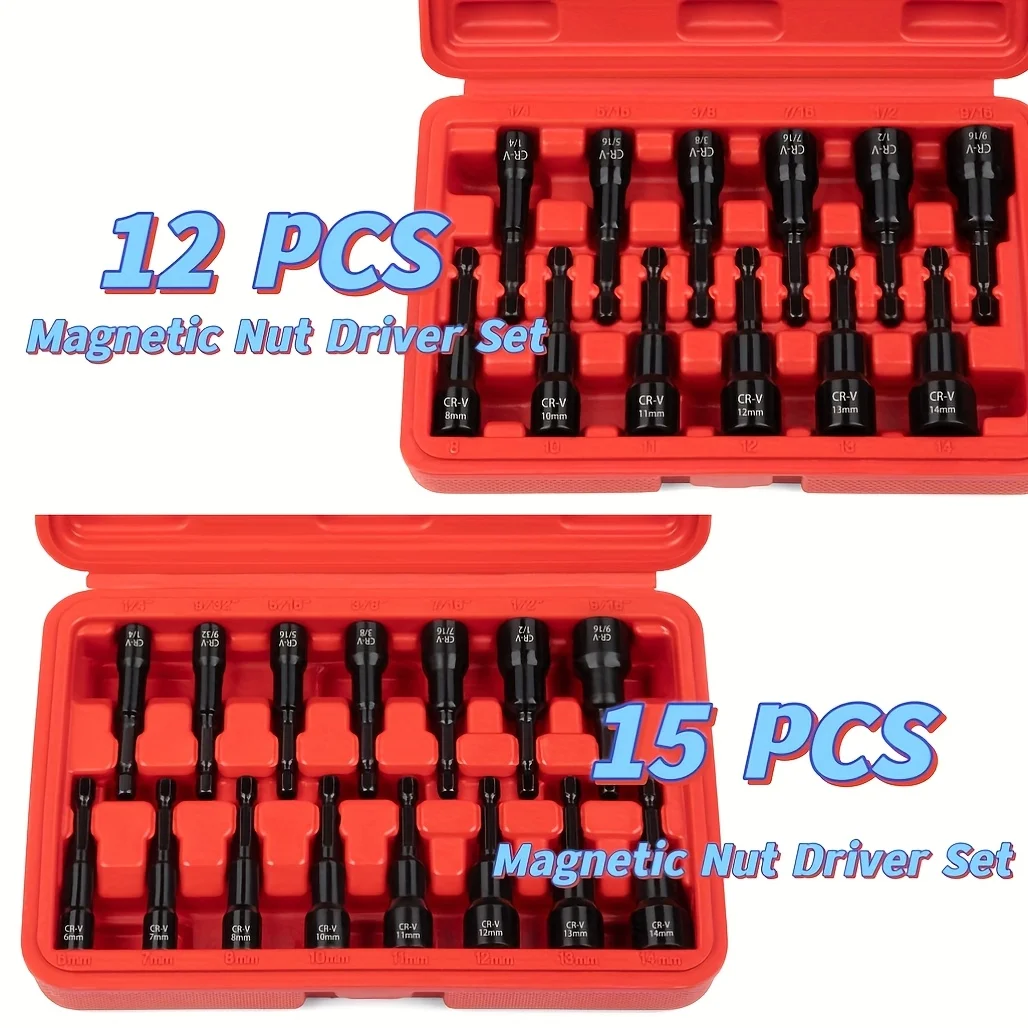 Set di chiavi a bussola magnetiche, set di chiavi a bussola da 15 pezzi/12 pezzi per trapano a percussione, attacco esagonale a cambio rapido da 1/4 di pollice, SAE (da 1/4 a 9/16 pollici) e metrico (6-14 mm), acciaio di alta qualità, regalo per uomo, regalo per la festa del papà