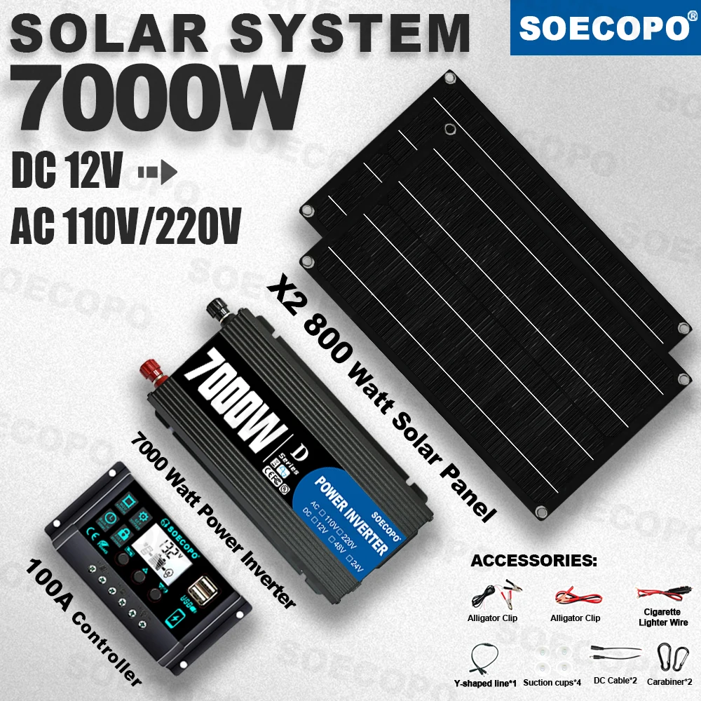 SOECOPO 7000W Peak Off-Grid Solar Kit 2 Panel 100A Controller 12V 110V 220V Inverter Rade 750W for RV Home Backup Emergency Use