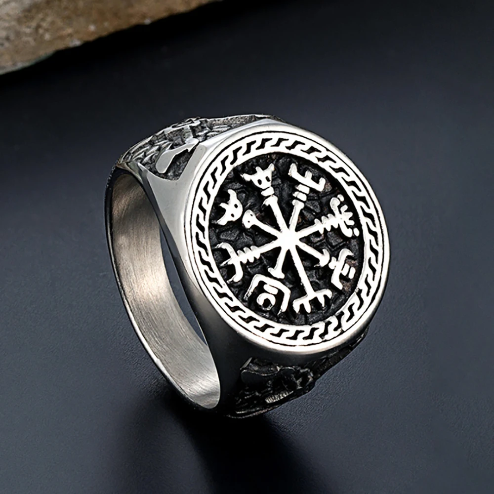 Stainless Steel Viking Ring for Men Norse Compass Axe Odin Rune Amulet Adjustable Band Punk Vintage Jewelry Gift Nordic Style