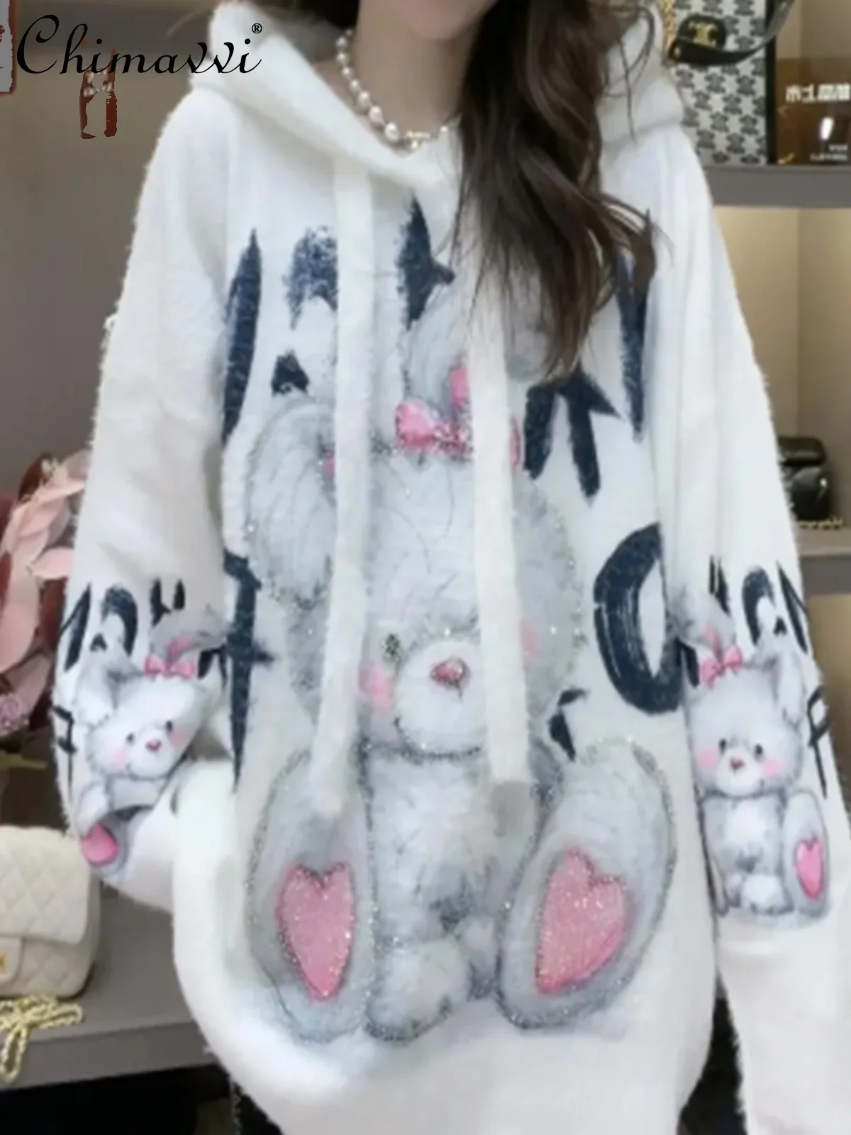 2023 Winter Fashion Cartoon Sweet Hooded Loose Sweater Women\'s Heavy Industry Letter Rhinestone Rabbit Loose Pullover Top