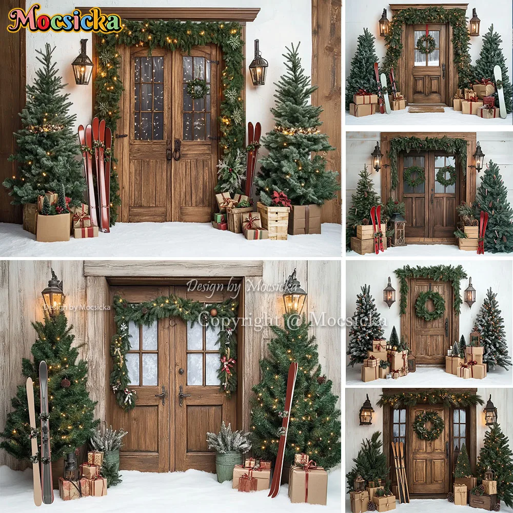 Mocsicka fundo de porta de natal de madeira, fotografia, trenó, presentes, árvore de natal, cenário de neve, inverno, criança, família, estúdio de fotos