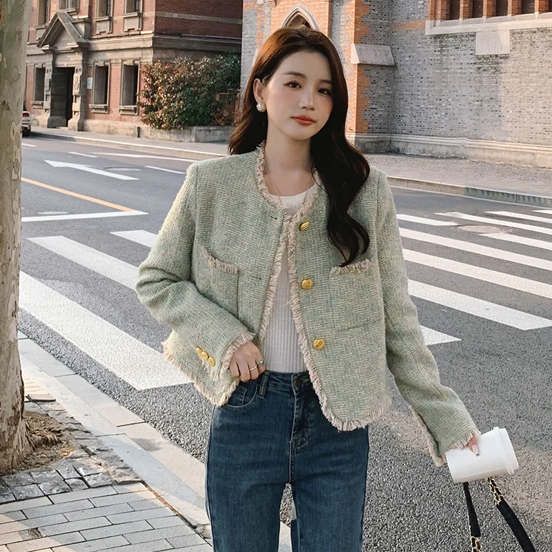 Women's Green Tweed Jacket Autumn Winter 2026 Small Fragrance Style with Tassel 1 Piece Top Ladies Fashion
