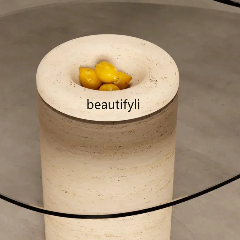 

Natural travertine edge glass living room special-shaped creative coffee table medieval small coffee table a16