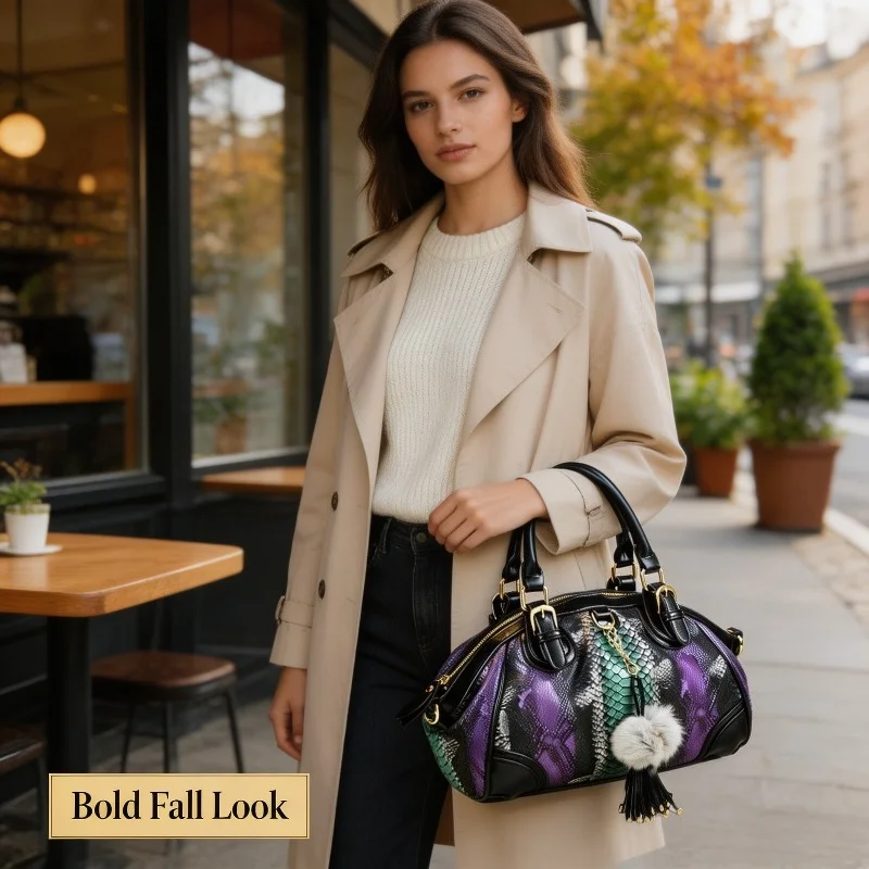 Women Snake Print Boston Handbag Faux Leather Pom Pom Tassel Charm Metal Hardware Detachable Strap Top Handle Crossbody Purse