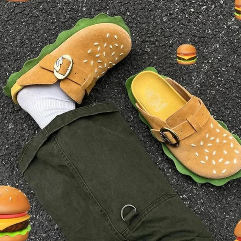 Trendy Creative Cartoon Burger Design Genuine Leather Bocken Shoes 2024 New Thick Soled Soft Convenient Casual Lazy Slippers