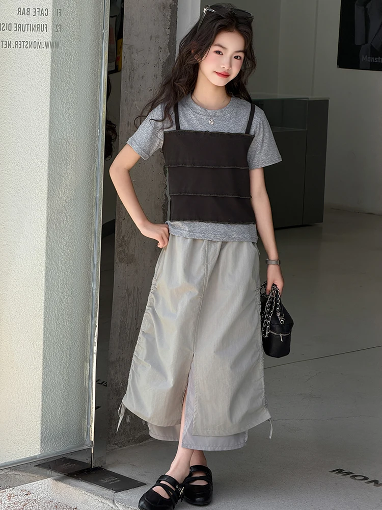 ラ・シャペル子供用サマーアウトフィット半袖カジュアルスカート＆トップスセット（大きなお子様向け）マネースタイル2026新作